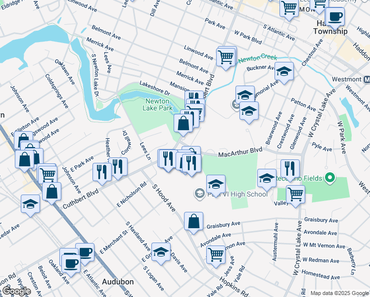 map of restaurants, bars, coffee shops, grocery stores, and more near 4 Macarthur Boulevard in Haddon Township