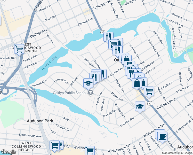 map of restaurants, bars, coffee shops, grocery stores, and more near 228 Reading Avenue in Oaklyn