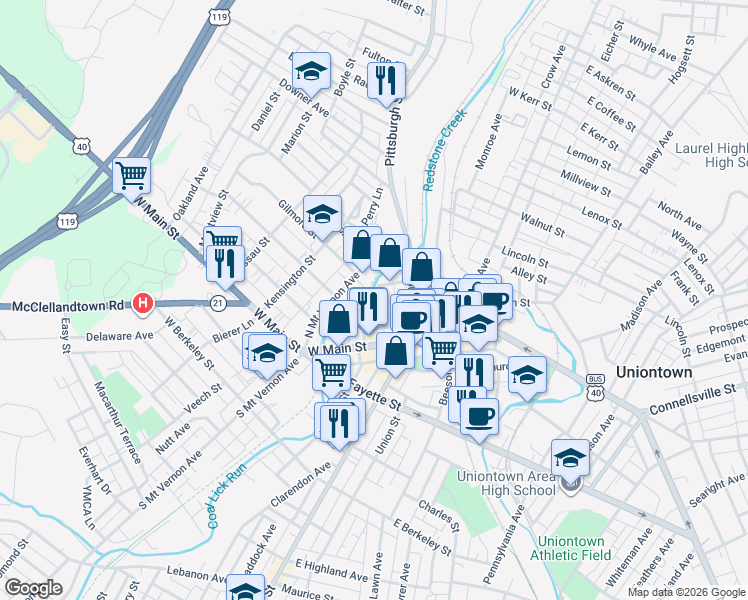 map of restaurants, bars, coffee shops, grocery stores, and more near 54 North Arch Street in Uniontown