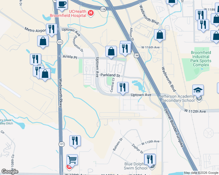 map of restaurants, bars, coffee shops, grocery stores, and more near 11337 Central Court in Broomfield
