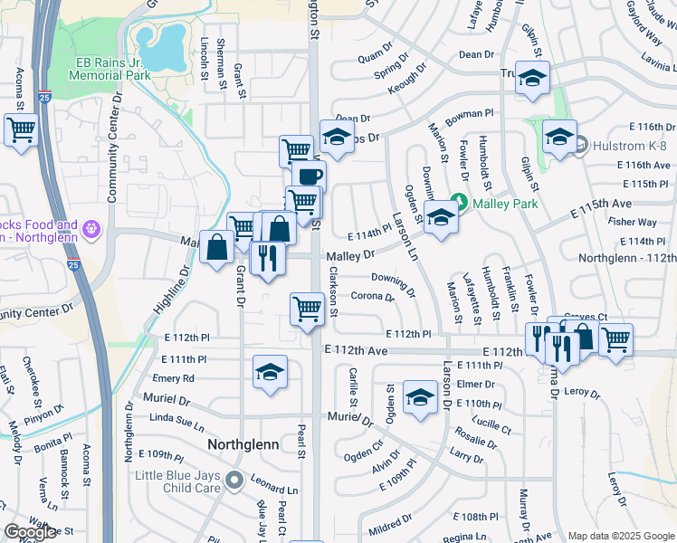 map of restaurants, bars, coffee shops, grocery stores, and more near 845 Malley Drive in Northglenn