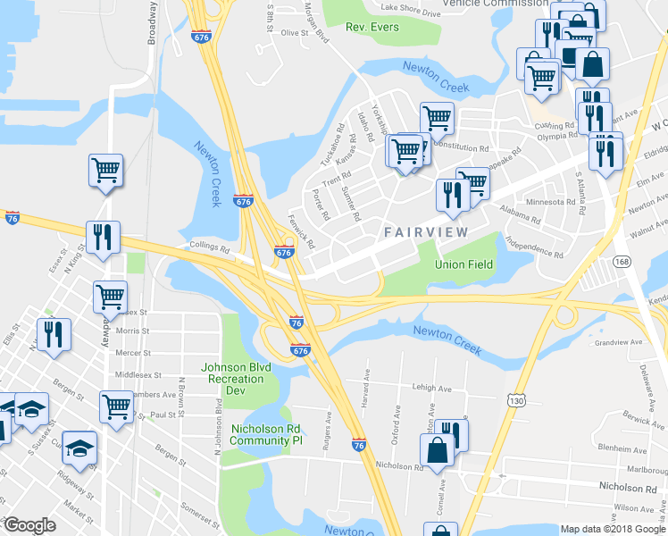 map of restaurants, bars, coffee shops, grocery stores, and more near Collings Road & South Merrimac Road in Camden