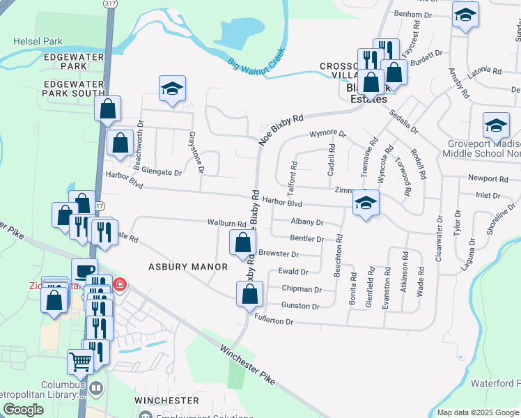 map of restaurants, bars, coffee shops, grocery stores, and more near 3612 Noe Bixby Road in Columbus