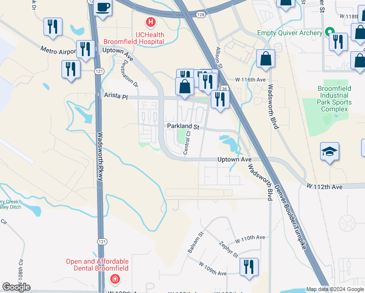 map of restaurants, bars, coffee shops, grocery stores, and more near 11337 Central Court in Broomfield