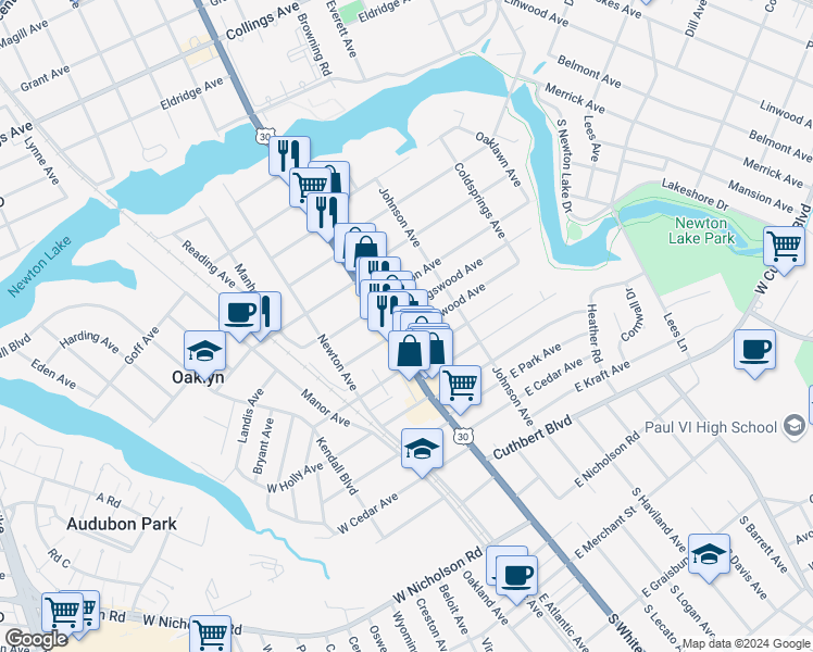 map of restaurants, bars, coffee shops, grocery stores, and more near 10 East Collingswood Avenue in Oaklyn