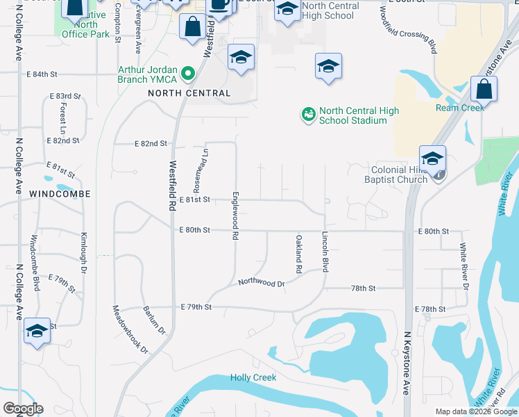 map of restaurants, bars, coffee shops, grocery stores, and more near 8110 Ecole Street in Indianapolis