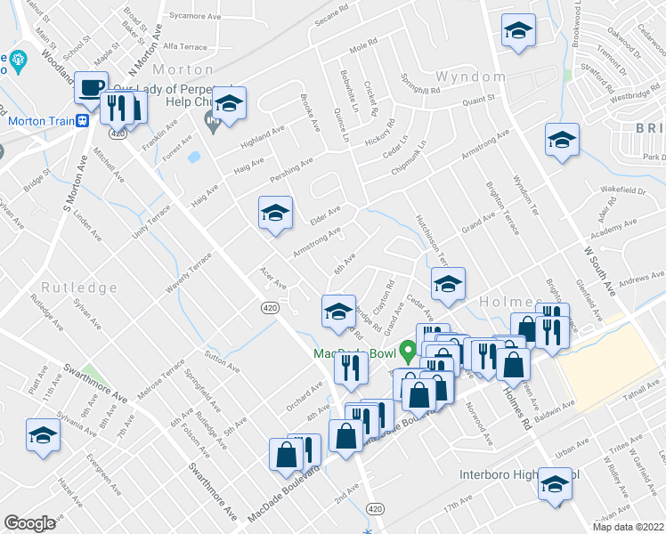 map of restaurants, bars, coffee shops, grocery stores, and more near 613 Circle Terrace in Morton