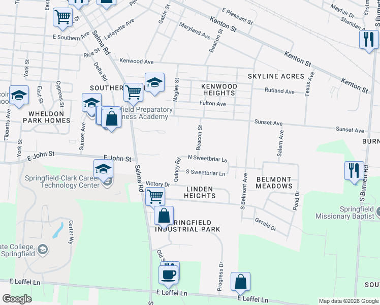 map of restaurants, bars, coffee shops, grocery stores, and more near 1618 North Sweetbriar Lane in Springfield