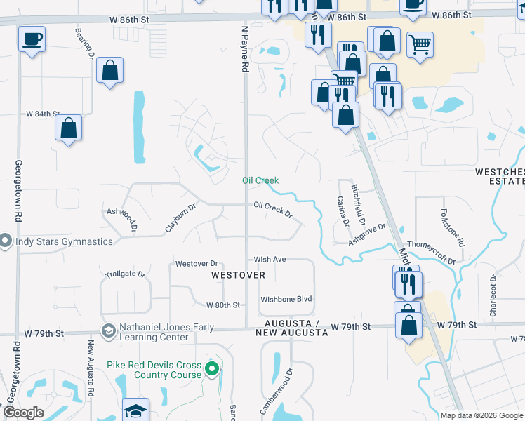 map of restaurants, bars, coffee shops, grocery stores, and more near 3812 Oil Creek Drive in Indianapolis