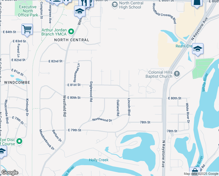 map of restaurants, bars, coffee shops, grocery stores, and more near 1740 East 81st Street in Indianapolis