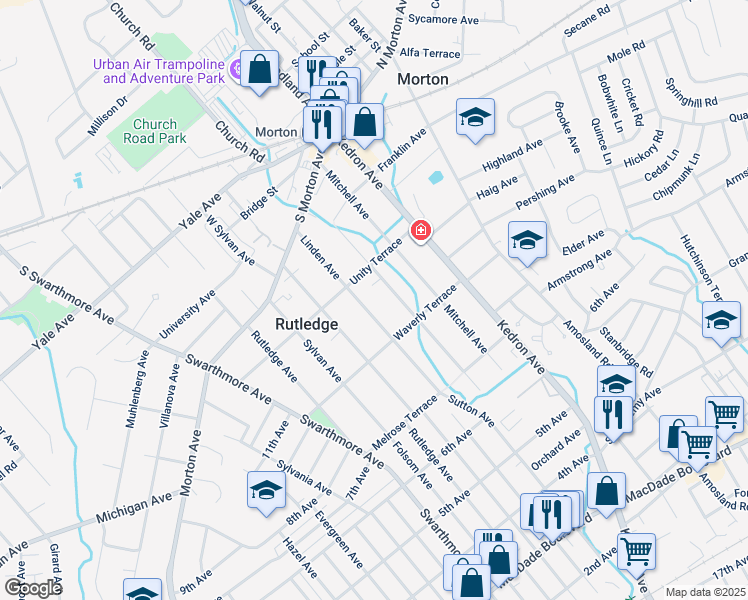 map of restaurants, bars, coffee shops, grocery stores, and more near 114 Linden Avenue in Rutledge