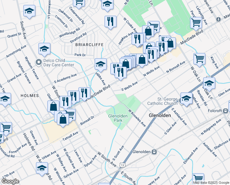 map of restaurants, bars, coffee shops, grocery stores, and more near 167 South Wells Avenue in Glenolden