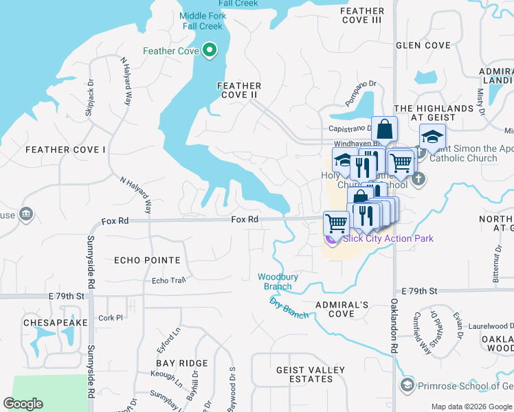 map of restaurants, bars, coffee shops, grocery stores, and more near 11416 Bayhill Way in Indianapolis