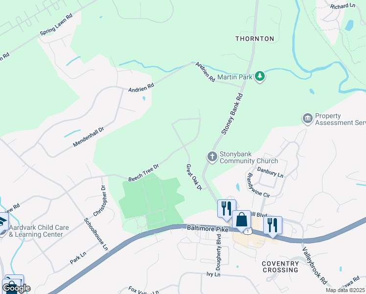 map of restaurants, bars, coffee shops, grocery stores, and more near 15 Beech Tree Drive in Glen Mills