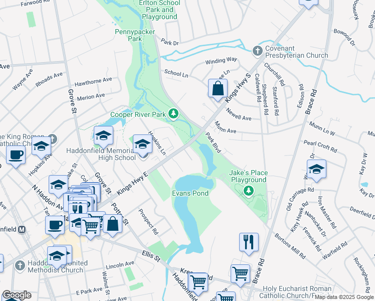 map of restaurants, bars, coffee shops, grocery stores, and more near 100 The Mews in Haddonfield