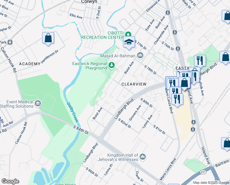map of restaurants, bars, coffee shops, grocery stores, and more near 8034 Buist Avenue in Philadelphia