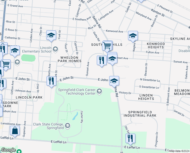 map of restaurants, bars, coffee shops, grocery stores, and more near 1040 East John Street in Springfield