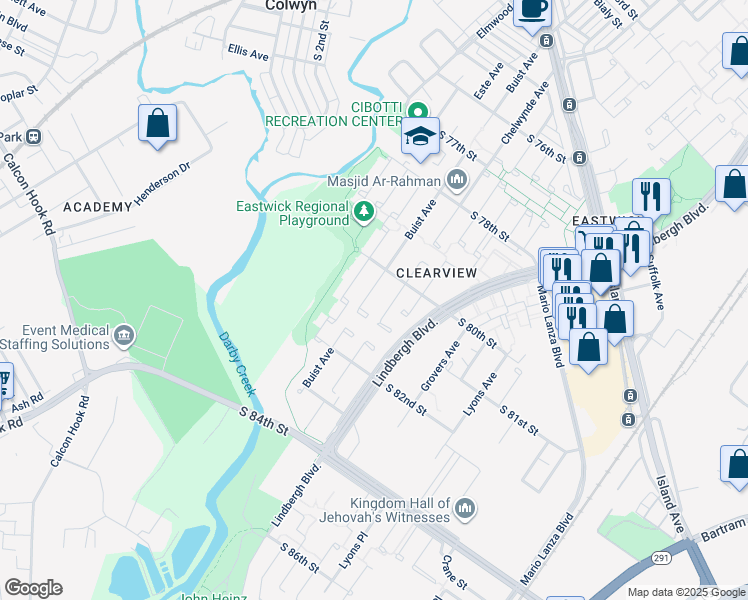 map of restaurants, bars, coffee shops, grocery stores, and more near 8034 Buist Avenue in Philadelphia