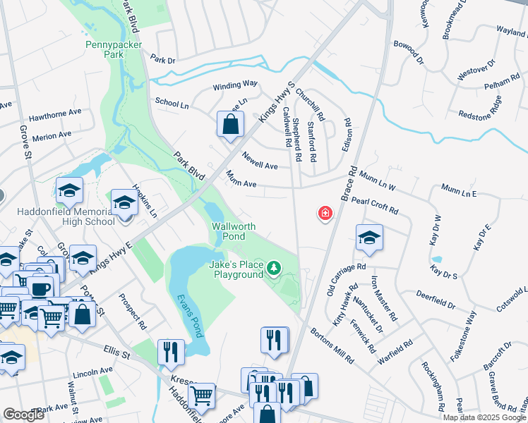 map of restaurants, bars, coffee shops, grocery stores, and more near 100 Park Boulevard in Cherry Hill Township