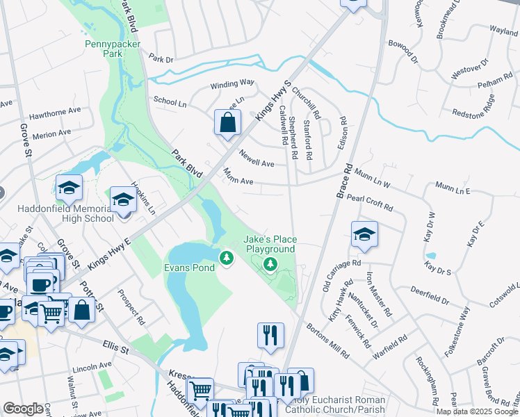 map of restaurants, bars, coffee shops, grocery stores, and more near 100 Park Boulevard in Cherry Hill