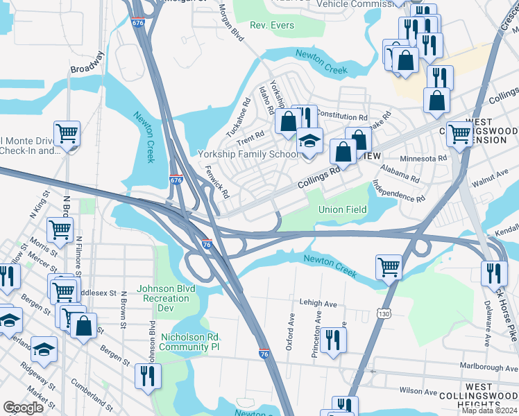 map of restaurants, bars, coffee shops, grocery stores, and more near 1036 Collings Road in Camden