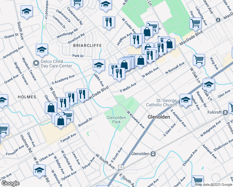 map of restaurants, bars, coffee shops, grocery stores, and more near 159 South Wells Avenue in Glenolden