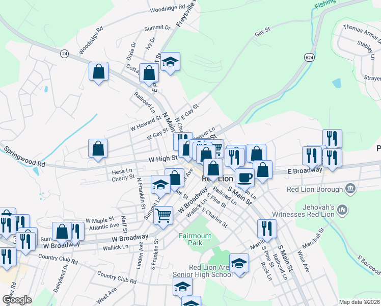 map of restaurants, bars, coffee shops, grocery stores, and more near in Red Lion