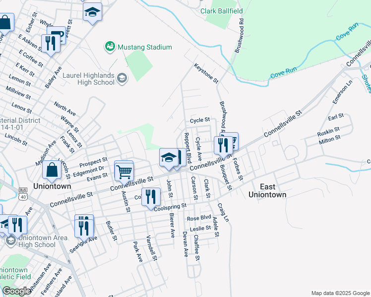 map of restaurants, bars, coffee shops, grocery stores, and more near 62 North Gordon Street in Uniontown