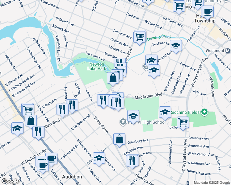 map of restaurants, bars, coffee shops, grocery stores, and more near 7 Macarthur Boulevard in Collingswood