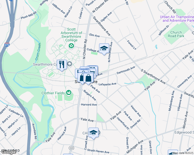 map of restaurants, bars, coffee shops, grocery stores, and more near 325 Dartmouth Avenue in Swarthmore