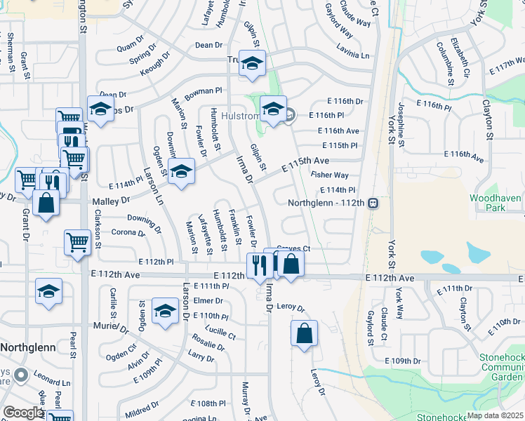 map of restaurants, bars, coffee shops, grocery stores, and more near Irma Drive in Denver