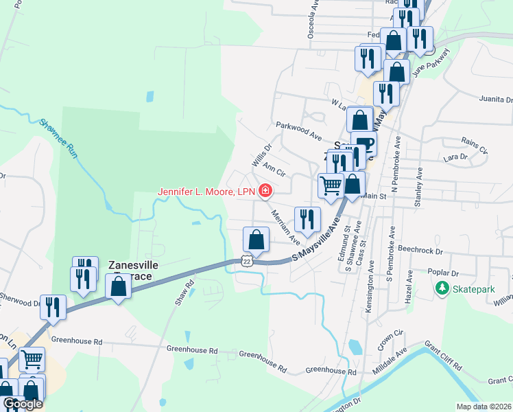 map of restaurants, bars, coffee shops, grocery stores, and more near 200 Willis Drive in Zanesville