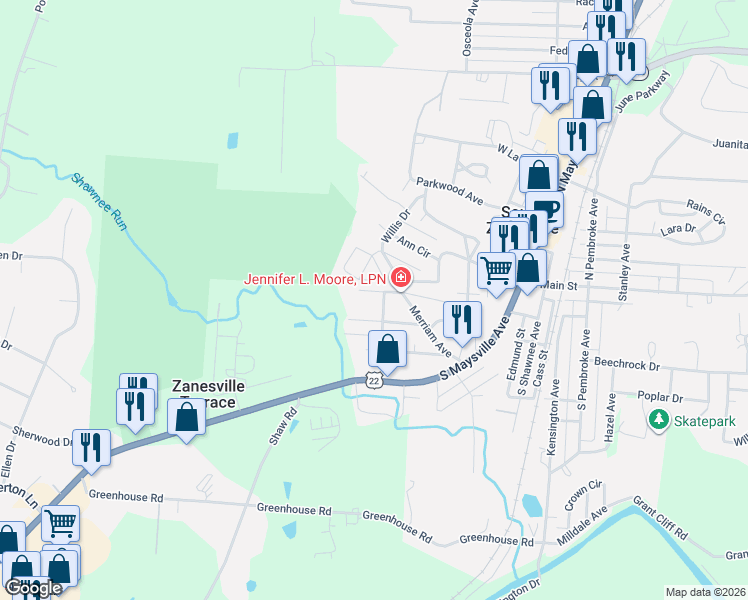 map of restaurants, bars, coffee shops, grocery stores, and more near 200 Willis Drive in Zanesville