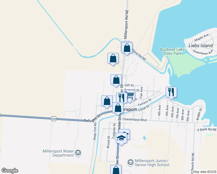 map of restaurants, bars, coffee shops, grocery stores, and more near 12255 Lancaster Street in Millersport
