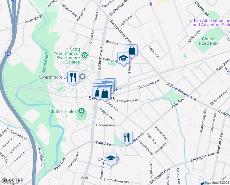 map of restaurants, bars, coffee shops, grocery stores, and more near 325 Dartmouth Avenue in Swarthmore