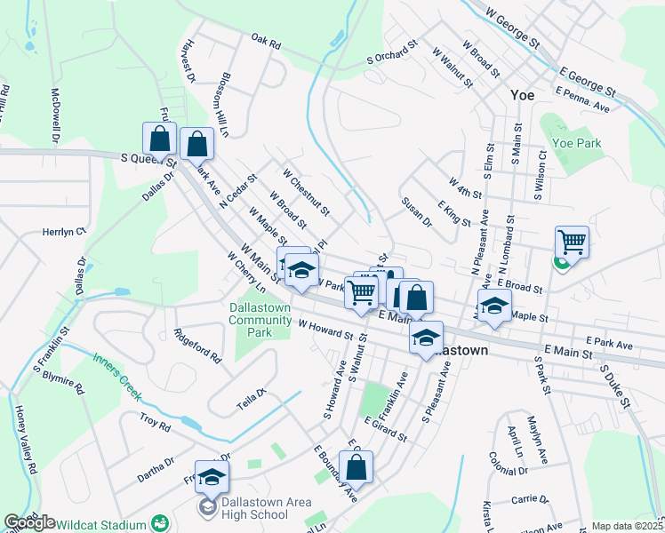 map of restaurants, bars, coffee shops, grocery stores, and more near 65 West Maple Street in Dallastown