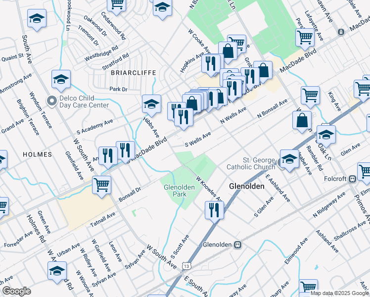 map of restaurants, bars, coffee shops, grocery stores, and more near 149 South Wells Avenue in Glenolden