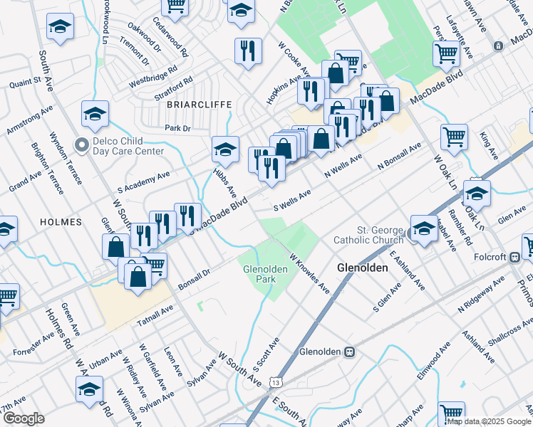 map of restaurants, bars, coffee shops, grocery stores, and more near 167 South Wells Avenue in Glenolden