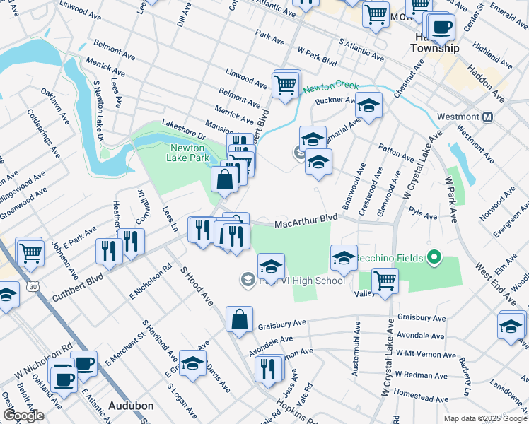 map of restaurants, bars, coffee shops, grocery stores, and more near 1 Macarthur Boulevard in Haddon Township