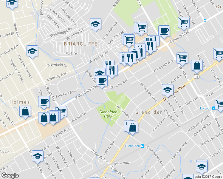 map of restaurants, bars, coffee shops, grocery stores, and more near 149 South Wells Avenue in Glenolden