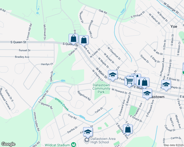 map of restaurants, bars, coffee shops, grocery stores, and more near 330 West Cherry Lane in Dallastown