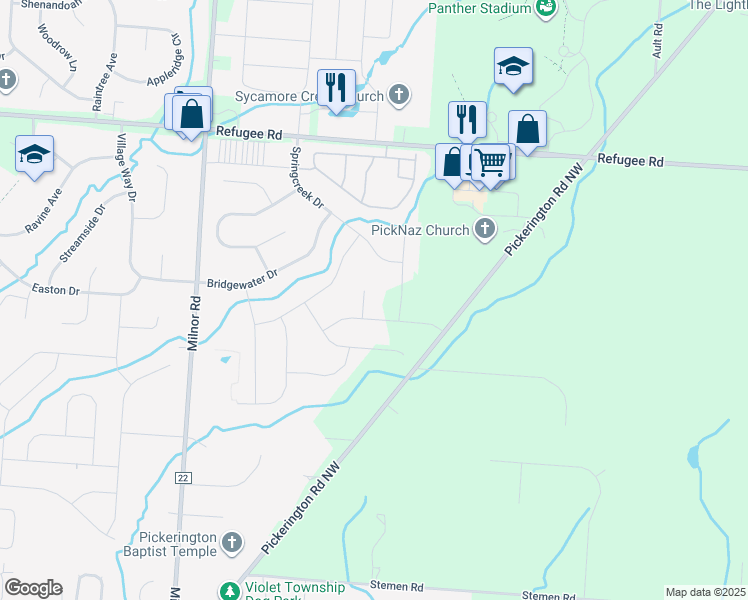 map of restaurants, bars, coffee shops, grocery stores, and more near 11608 Amsden Court in Pickerington