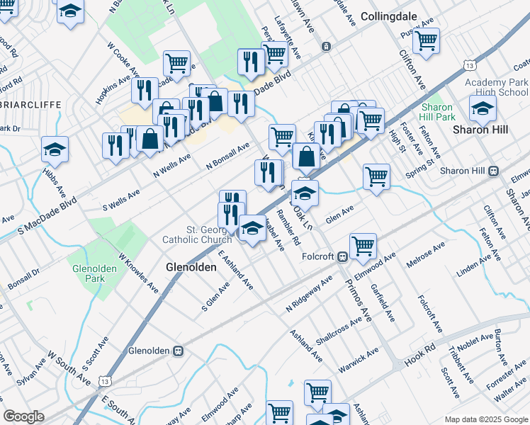 map of restaurants, bars, coffee shops, grocery stores, and more near 300 N Chester Pike in Glenolden