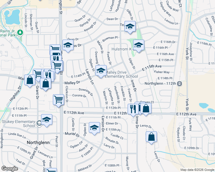 map of restaurants, bars, coffee shops, grocery stores, and more near 1300 Malley Drive in Northglenn