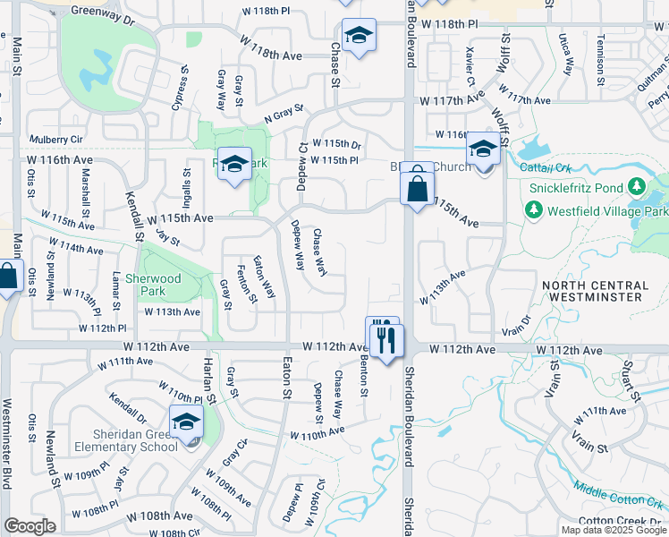 map of restaurants, bars, coffee shops, grocery stores, and more near 11344 Chase Way in Westminster
