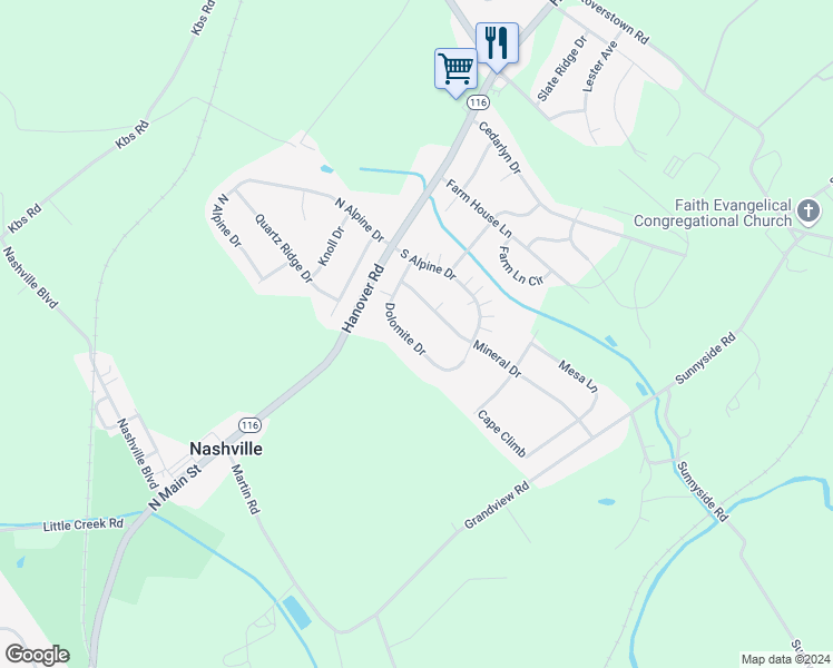 map of restaurants, bars, coffee shops, grocery stores, and more near 160 Dolomite Drive in York