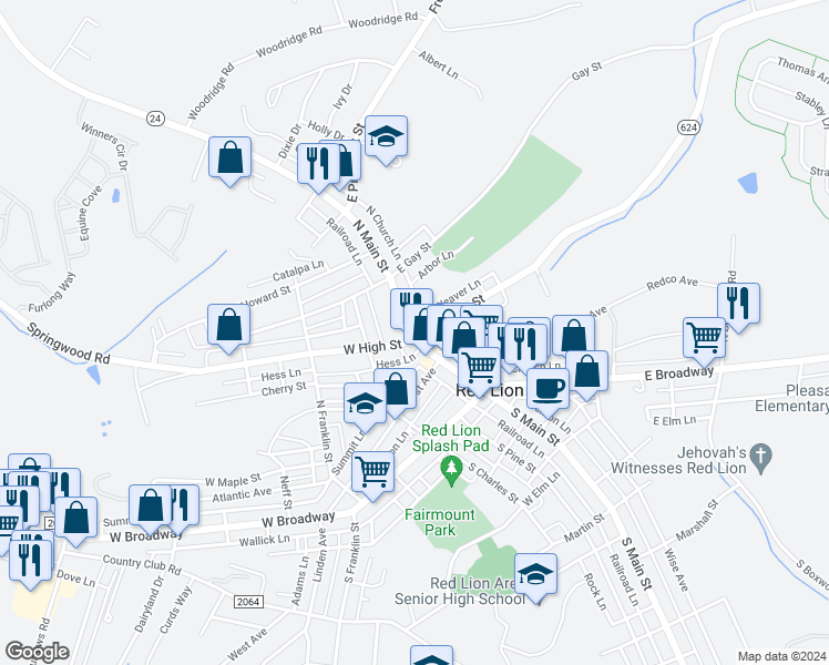 map of restaurants, bars, coffee shops, grocery stores, and more near 103 North Main Street in Red Lion