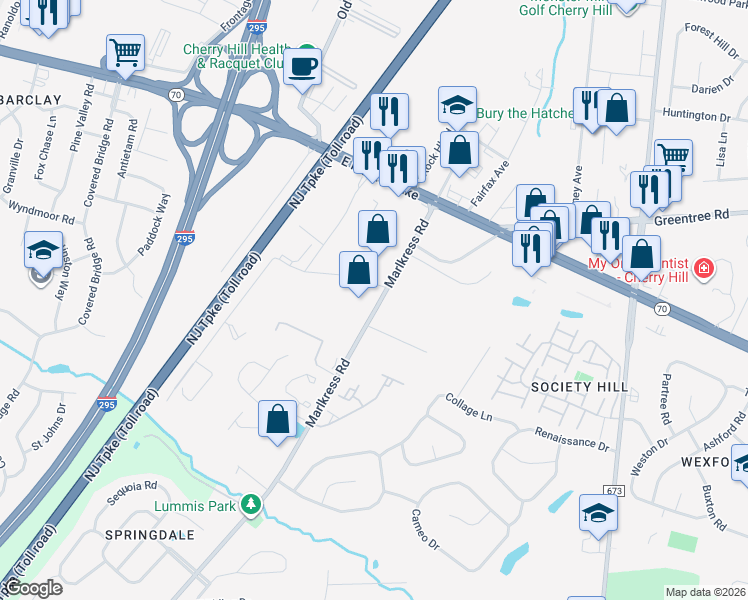 map of restaurants, bars, coffee shops, grocery stores, and more near 63 Perina Boulevard in Cherry Hill