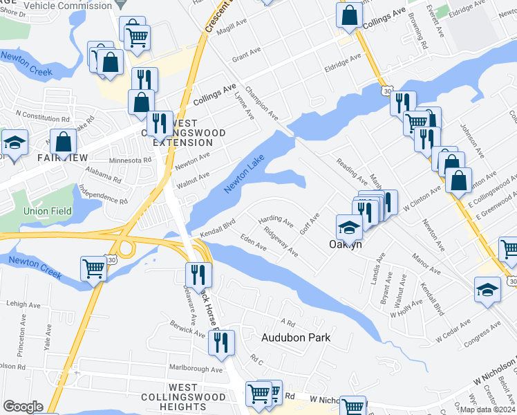 map of restaurants, bars, coffee shops, grocery stores, and more near 61 Kendall Boulevard in Oaklyn