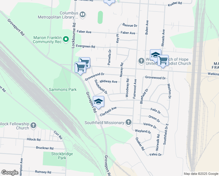 map of restaurants, bars, coffee shops, grocery stores, and more near 3044 Southfield Drive in Columbus
